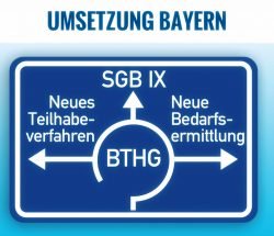 Bundesteilhabegesetz (BTHG), Umsetzung in Bayern (BayTHG) - Symbolbild: Autobahnschild Kreisverkehr mit drei Ausfahrten