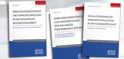 Die Abbildung zeigt drei Titel der blauen Reihe zum Thema Wirkungsanalyse