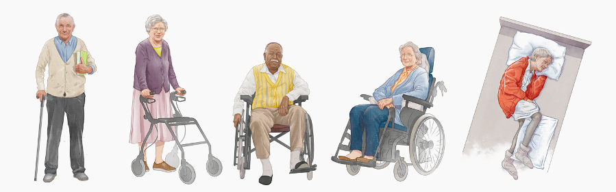 Mobilitätsgalerie - fünf alte Menschen - der erste mit Gehstock, der zweite mit Rollator, der dritte mit Gehstock und Rollstuhl, der vierte mit Rollstuhl, der fünfte im Pflegebett